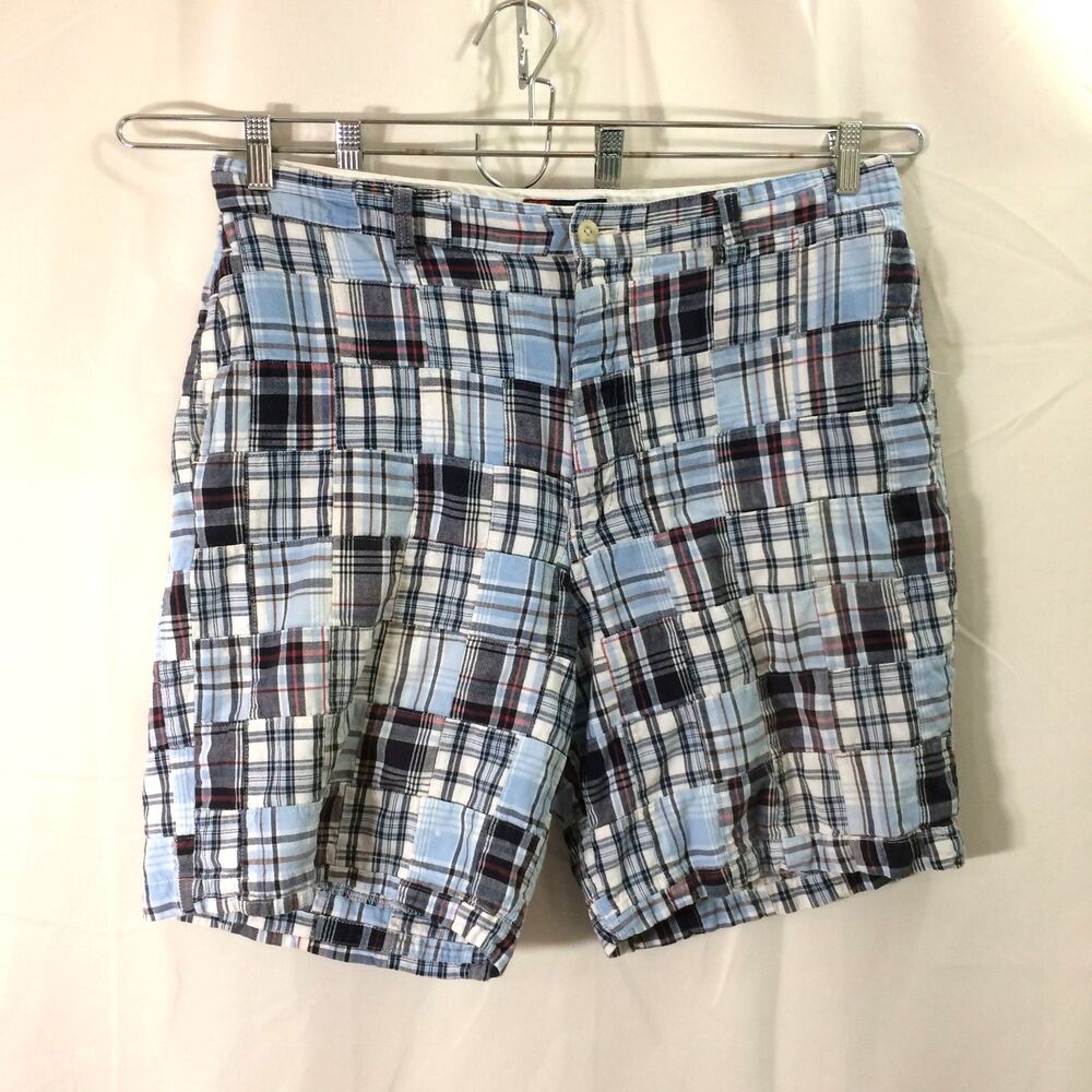 Chaps Mens 36 Patchwork Plaid Shorts Blue 100% Cotton Made in India Vintage